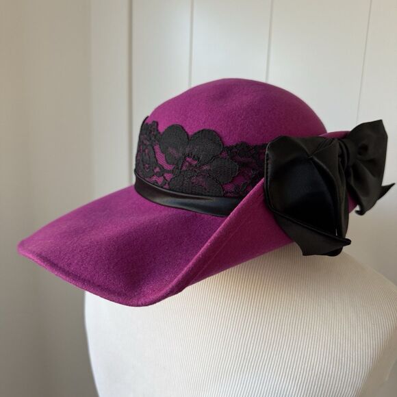 NEW VTG Fedora Wide Brim Hat Wool Lace Satin Bow Fuschia Pink Whimsigoth Wedding - Picture 15 of 16
